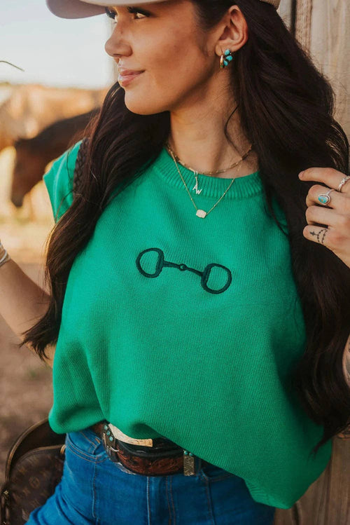 Bright Green Horse Bit Embroidered Loose Short Sleeve Sweater: Bright Green / 52%Viscose+26%Polyester+22%Polyamide / L
