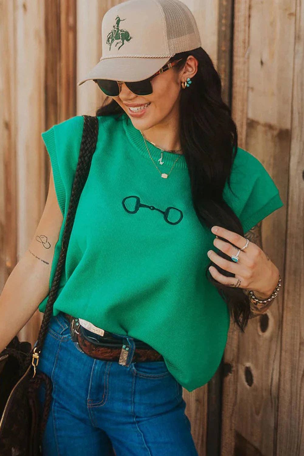 Bright Green Horse Bit Embroidered Loose Short Sleeve Sweater: Bright Green / 52%Viscose+26%Polyester+22%Polyamide / L